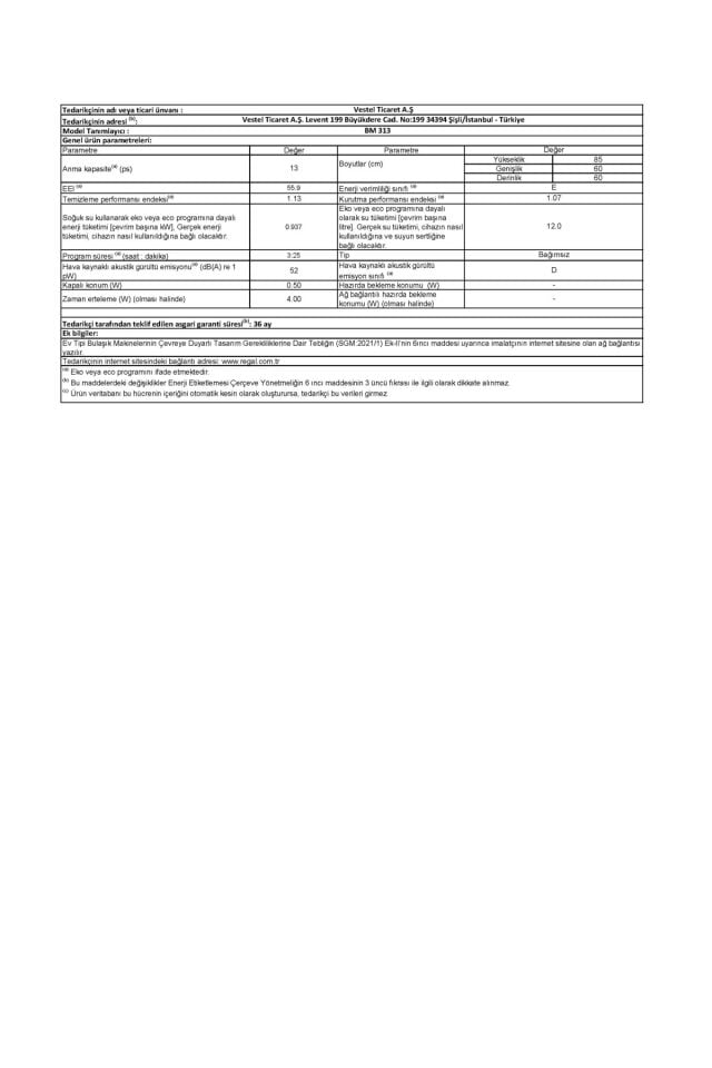 REGAL BM 313 3 PROGRAM BULAŞIK MAKİNESİ